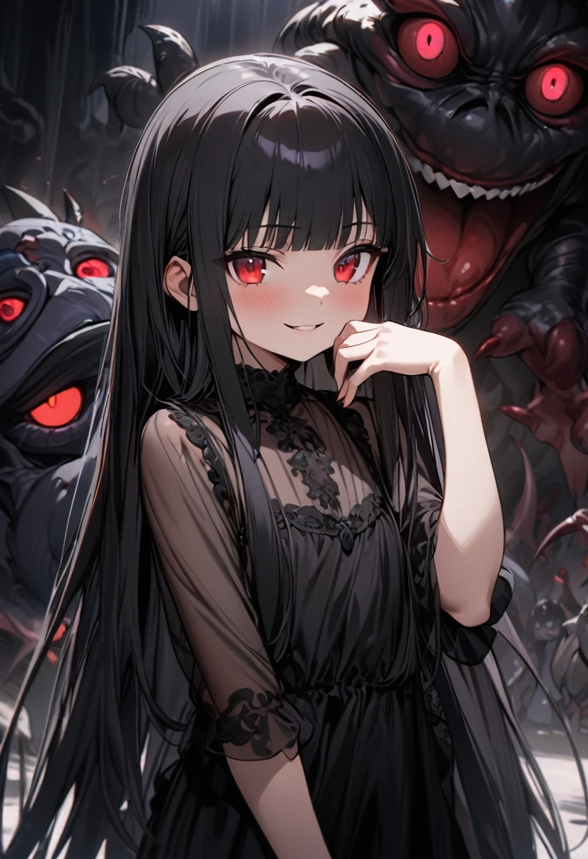 masterpiece, best quality, ultra-detailed, 1girl, 13 years old, , monster, princess, black hair, very long hair, straight hair, blunt bangs, red eyes, see through dress, black clothes, bad smile, parted lips, cute pose, palm touching face, upper body, lots of monsters, dark atmosphere, sfw