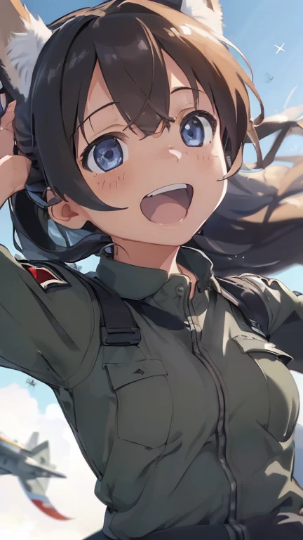 {(ultra realistic photo graphic style:1.4)}, {(1girl free_fall from Altitude 10000m:1.2), (out of focus background:1.4)}, {1girl, 18yo, beasts_ears, beasta_tail}, (strike witches:1.2)}, {(cheerful:1.4), (candid shot)}
