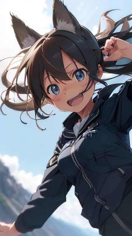 {(ultra realistic photo graphic style:1.4)}, {(1girl free_fall from Altitude 10000m:1.2), (out of focus background:1.4)}, {1girl, 18yo, beasts_ears, beasta_tail}, (strike witches:1.2)}, {(cheerful:1.4), (candid shot)}