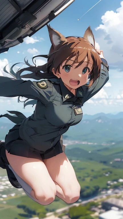 {(ultra realistic photo graphic style:1.4)}, {(1girl free_fall from Altitude 10000m:1.2), (out of focus background:1.4)}, {1girl, 18yo, beasts_ears, beasta_tail}, (strike witches:1.2)}, {(cheerful:1.4), (candid shot)}