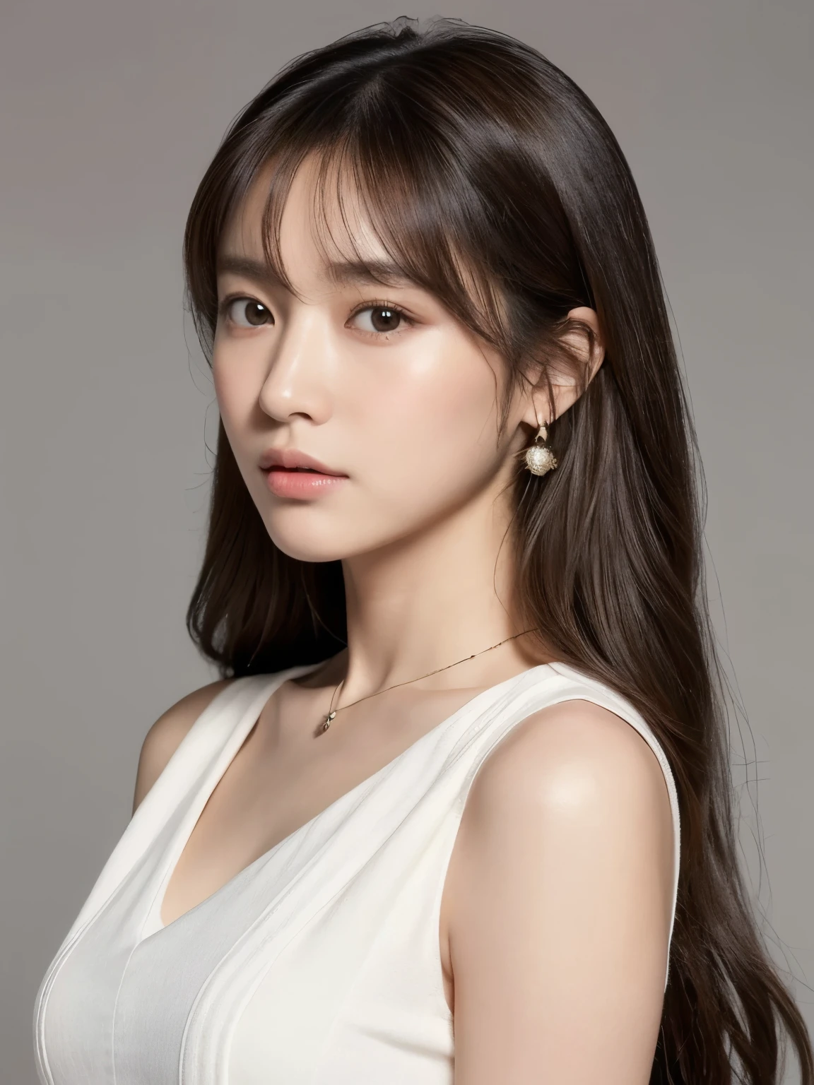 ((highest quality, 8K, masterpiece:1.3)), concentrate: 1.2, Perfect body beauty: 1.4, Hips: 1.2, ((Long Hair, chest: 1.2)), (Dry clothes: 1.1) , (clear, Simple Background:1.3), Simple clothes: 1.1, Highly detailed face and skin texture, Delicate eyes, double eyelid, Whitened skin, Long Hair、Earrings with bangs、necklace、 solo、Beige coat、White shirt, (((Beautiful girl with cute Japan)))、 ((Beautiful Japanese girl 20 years old))、 ((Baby Face))、 (((Slender body)))、 Upper Body,Face focus、necklace,Simple Background,From above, Realistic Hair、 A photograph was taken:Canon EOS R6、135mm、1/1250 seconds、f2.8、ISO400、(Detailed explanation of the hand)、(Masseter muscle area)、(Exquisite CG)、Long Hair, loose and curly hair、Korean Hair、Long Hair明るいベージュ色、グラデーションハイライトグレージュのゆるふわLong Hairスタイル、