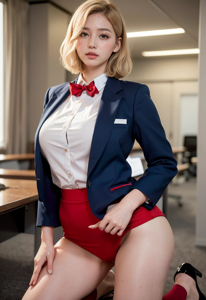 (((neat woman, little narrow eyes,little smile,blush,blush,red cheek,please touch me,tempting viewer,i want you))),(kneeling,arched back,spread legs apart,uniform lift),((((blush,red cheek,sweat)))),(cinematic lighting), (Photo real:1.4)、(A hyper-realistic:1.4)、(Photorealistic:1.3)、 (gentle lighting: 1.05)、(Improve the lighting quality of your video:0.9)、 32k、25years old woman、photorealistic lighting、Back lighting、Facial Lights、Ray Trace、(bright:1.2)、(Increase quality:1.4)、 (best quality real texture skin)、Fair eyes,delicate face、 Close-up of the face, ((Wearing the red stewardess uniform,red stewardess,mni red skirt,navy panties,high-heel),(Bodyline mood improvement:1.1)、Glossy skin、Korean Idol、Nogizaka Idol、good figure,perfect anatomy,Beautiful actress,(((beautiful large breasts,slender waist,slender hip,long slender legs,8heads tall))),(((8heads tall))),(((blonde very short hair,curtain bangs))),(((in the beautiful modern office of library,super clean night view,in the night))),