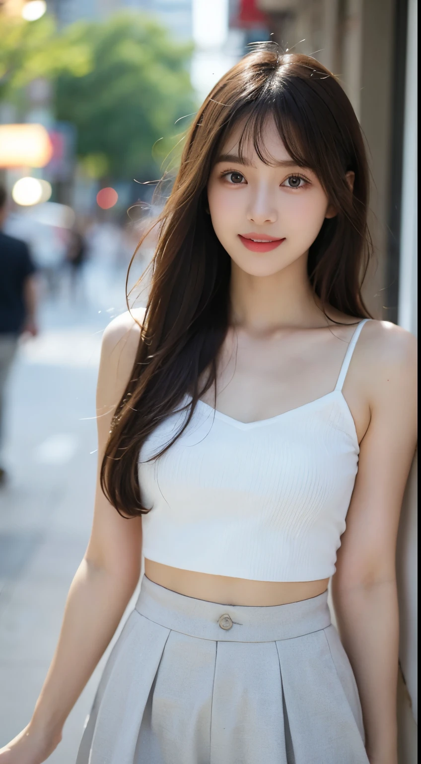 Very beautiful and angelic cute girl, beautiful and detailed eyes, detailed double eyelids, (big eyes: 1.3), long eyelashes, see-through bangs, (beautiful detailed face and eyes: 1.4), small nose, small mouth , beautiful long hair, happy smile with visible teeth, camisole and miniskirt (highest quality: 1.2), raw photo, high resolution, perfect in every detail, professional shooting, beautiful woman in white underwear, beautiful legs, body, beautiful breasts, lighting, walking, in the city, brown hair,