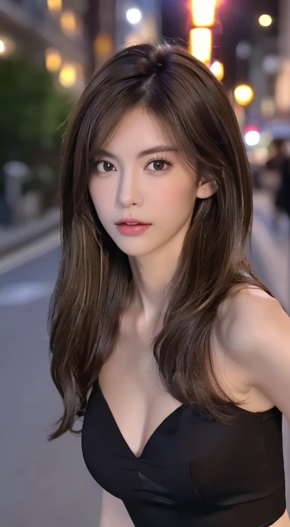 ((Realistic lighting, highest quality, 8k, masterpiece: 1.3)), Clear focus: 1.2, 1 girl, Perfect body beauty: 1.4, Slim Abs: 1.1, ((Dark brown hair, big: 1.3)), (accelerate: 1.4), (Outdoor, night: 1.1), street, Super slim face, Beautiful Eyes, double eyelid, Exposed cleavage, Unbelievably absurd, Messy Hair, floating hair,