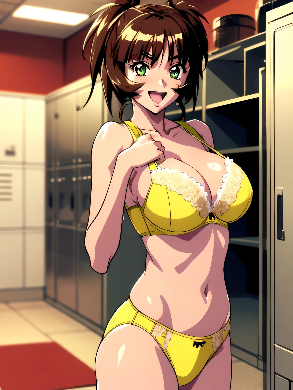 「Akane Ichimonji」,locker room,underwear,Yellow Bra, Open your mouth, smile, masterpiece, expensive quality, very_expensive_solve, big_file size, Full Color,