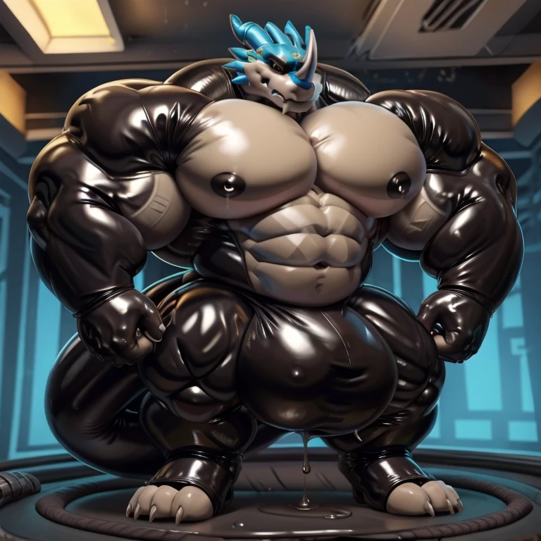 solo, male, , , ,  hyper pecs, （thick thighs:1.3）, standing, indoor,，(，,(,solo,very hyper muscles:1.1)(Huge bulge:1.8）（corruption)), black glowing liquid，（((liquid_latex, , rubber:1.2)，,black latex，goo transformation，(gooey)(exveemon)