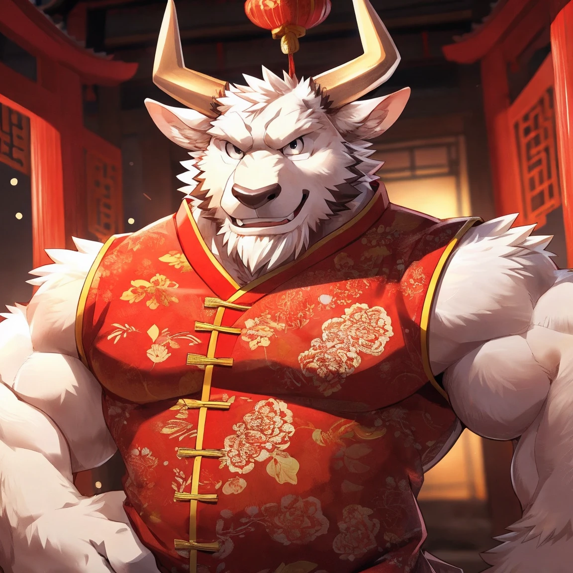 ox脸, Medium length horns,human nature, cannon, male, solitary, ((Round Face, Very plump face, thick beard)), ((endomorph body type, Handsome)), (Chinese traditional clothing:1.5), ((domestic ox, ox) Fluffy fur, Fluffy),ox头人,ox头怪, (In a wooden house), ox鼻子，high quality，Bokeh, (high quality, high resolution, masterpiece), (Dynamic Lighting, Vibrant colors), (Generous smile), Front view (close up), cartoon, author：Takemoto Arashi, by zixiong, author：Chunni, author：Empty Ghost