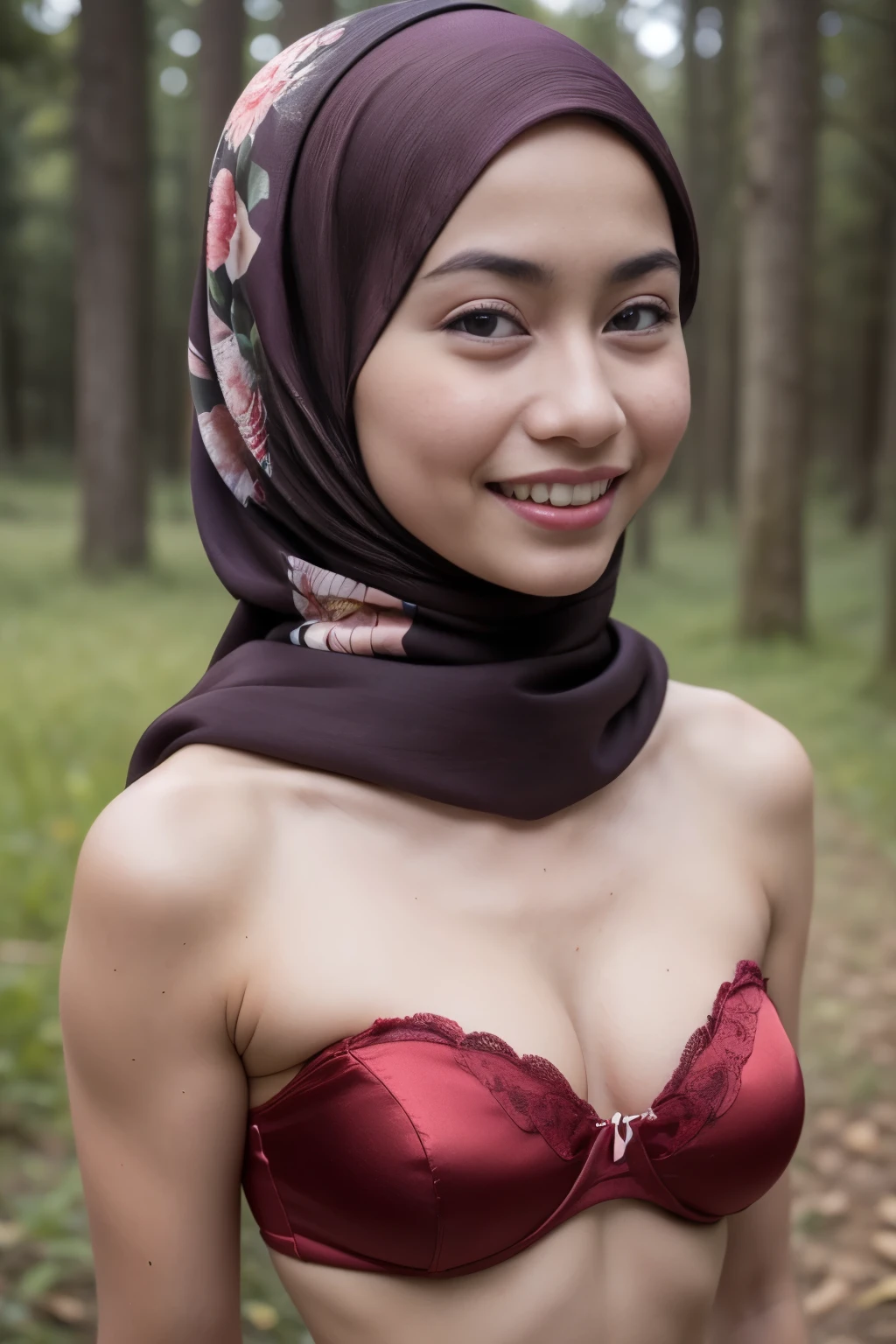 ((Flat chest:1.6)), (Happy smile), (((HIJAB MALAY GIRL))), masutepiece, High quality, UHD 32K, Realistic face, Realistic skin feeling , A Japanese Lady, ***********, , Very cute and baby-like face, (((FLAT CHEST))), (Night time at forest), ((look In front  at the camera and SADNESS)), ((())), (((CUTE GIRL))), ((RED LIPS)), ((Satin Floral Pattern)) little wearing pastel strapless bra, strapless colorful, dark night horror scary place (from behind up) seductive pose