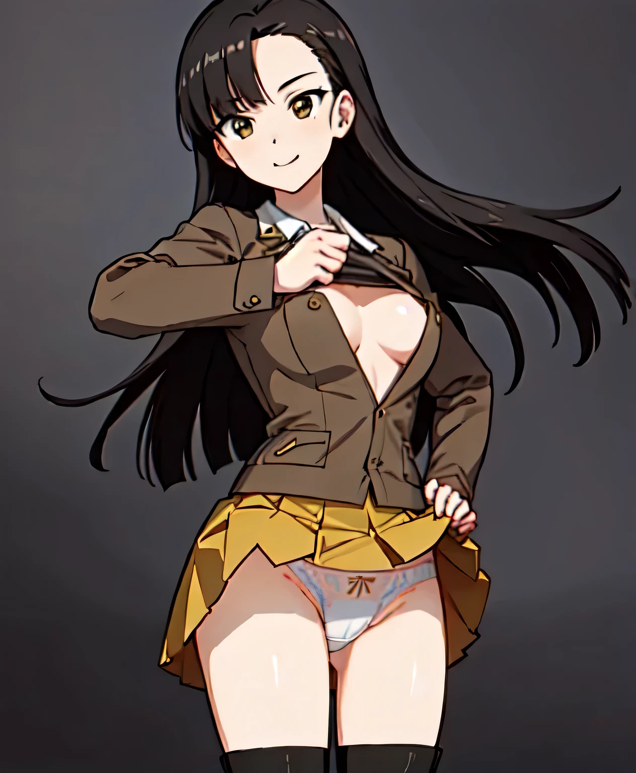 ultra-detailed, madeon, foreshortening, perfect anatomy, beautiful detailed eyes, manga style, sharp sketch, anime screencap, cinematic lighting, One active girl standing with hands on hips in outdoor with big chests,
nishi kinuyo, Long Hair, chi-hatan army uniform, skirt, (skirt lift:1.2), smile, uniform, Black Hair, Brown eyes, Jacket, boots, yellow skirt, pantyhose, army, army uniform, miniskirt, White panties, asymmetrical bangs, Long sleeve, Black footwear, knee boots, bangs, brown Jacket, chests, shirt, white shirt, big_chest,Type97 Medium Tank, (black outline), city,