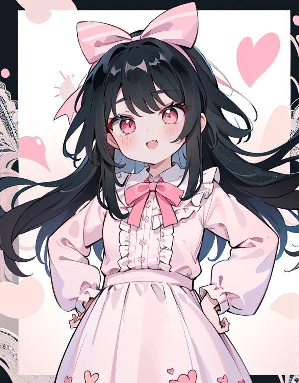 アジイチゴstyle,Big eyes, Bold line, cute,,uekura.Require,,Upper Body,.\(style\):カワイイstyle,,..\(composition\):\One girl,,..\(exterior\): Consistency,Mischievous face,smile,Wavy Hair,Black Hair,Crimson Eye,..\(clothing\):,(Clothes with lots of frills, Lace and ribbon:1.2),(パステルカラーstyle:1.1),Hands on hips,Cheeky face,White and pink clothes,white and pink shoes,,..\(action\):,..\(Location\): (surround,Heart shaped gemstone, Star Heart),,..\(quality\): 最高quality,masterpiece,,.,