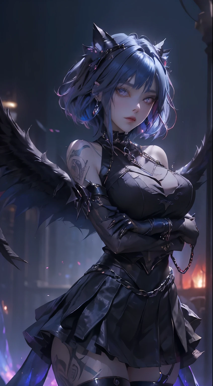 top-quality、Top image quality、​masterpiece、girl with((18year old、Dark clothing、Dark bra、Dark skirt、 Best Bust、Bust 90、(short-hair:1.3)、Blue eyes、open chest wide、Valley、Happiness、A slender、Provocative behavior、Evil face、Handcuffed、High laughter、Skull Tattoo、Tattoo of roses、Targeting your audience、Tighten blue rose hair、Aura of Darkness,Dark Forces,blue flames、Chain Accessories、Black wings、Black manicure、Black whip、Wearing the Vibration of Darkness)）hiquality、Beautiful Art、Background with((prison、Dark impression、nightcity,Red sky、Many batany chains、the magma、Bright red earth))、masutepiece、Elaborate design、visualart、dark art, Colossal , lewde, lewd cos 