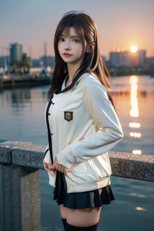 Medium Shot, Medium Shot, Depth of written boundary, bust, Upper Body, movie angle, masterpiece, highest quality, Very detailed, CG, 8k wallpaper, Pretty face, Delicate eyes, Otome, alone, Long white hair, Yellow Eyes, hairpin, White shirt, black hooded jacket, black baseball cap, Black Stockings, Black knee-high boots, sunset, 中世のport, port, Detailed water surface, Sun reflection