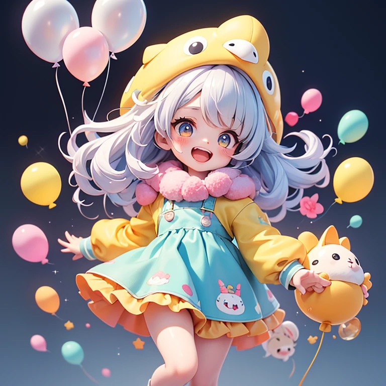 The characters are fooling around, laughing and getting wet., Character clasps hands pleadingly. , Cartoon girl in a chicken costume with a hat and holding hands, The cutest stickers ever, Cute digital art, , Cute anime style, Cute and detailed digital art, anime Little, Cute Anime Girl, Little anime girl, Luan Cute Vtuber, Sticker illustration, plastic, A girl Holding flowers, Pure white hair, Colorful balloons floating in the sky, Pasture, Cute fluffy kitten is running, Dancing, Holding flowers, Happy, Happy, Perfect quality, Clear focus (Messy house: 0.8), (masterpiece: 1.2) (Realistic: 1.2) (Bokeh) (highest quality) (Detailed skin: 1.3) (Intricate details) (8k) (Detail Eye) (Sharp focus), (Happy), One girl, Little, amber, Twin Drill, medium brown, Luxury Fabric, Dithering, Widespread,View your viewers, Striped Background