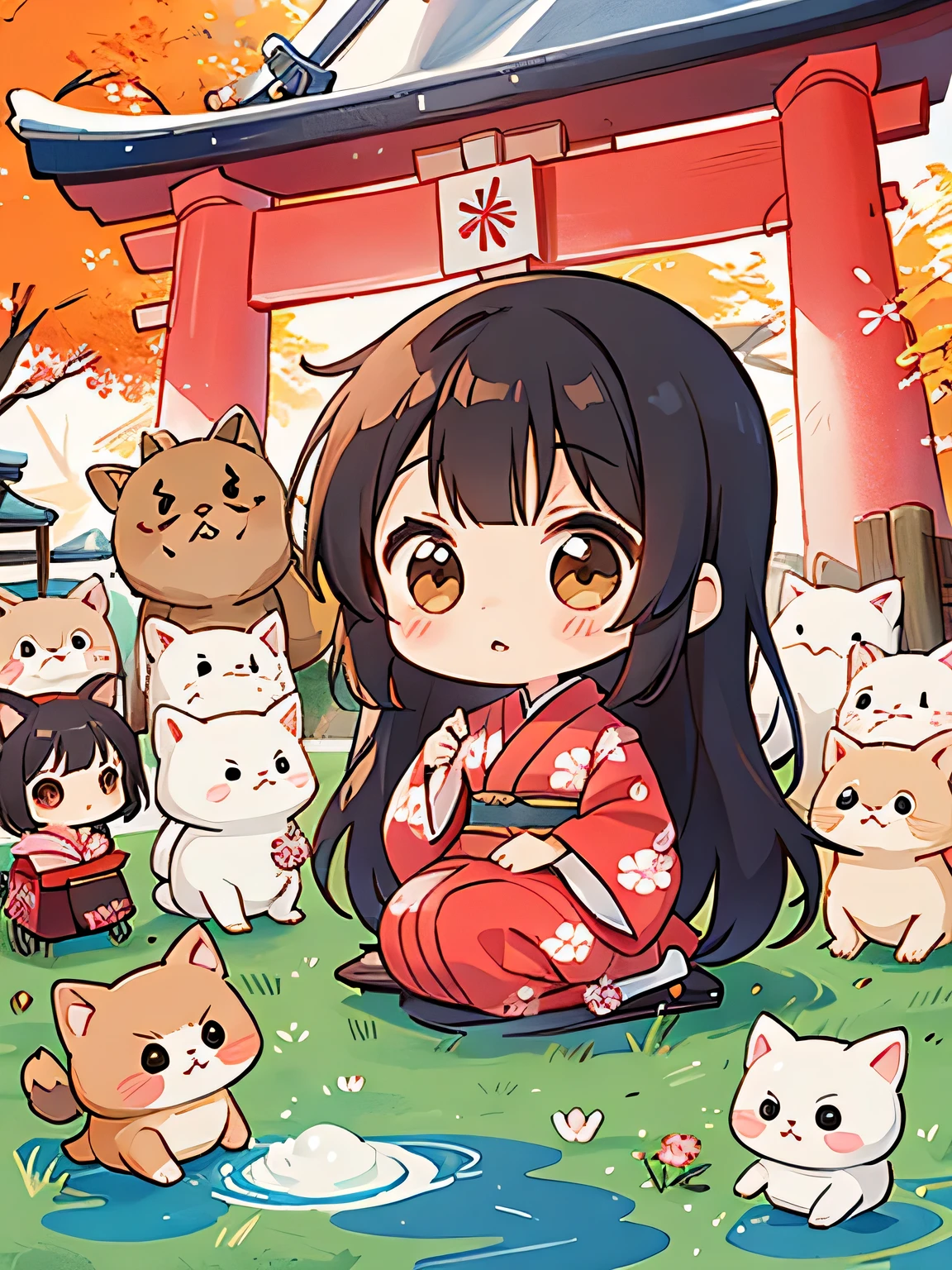 Machiko Satonaka style, Kawaii Design, most beautiful girl ever、Chibi, (((Lots of friends)))、kimono、(((Long-sleeved kimono)))、Shrine visit