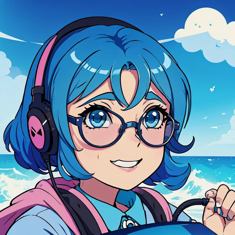 ((cartoon)) ((anime style)) ((stylized-modern)) ((female)) ((Half potrait)) ((chibi version))
Hair: Blue ocean
Face: Chubby (With glasses)
Mouth: Smile
Personality: Gamer girl, have a headphone