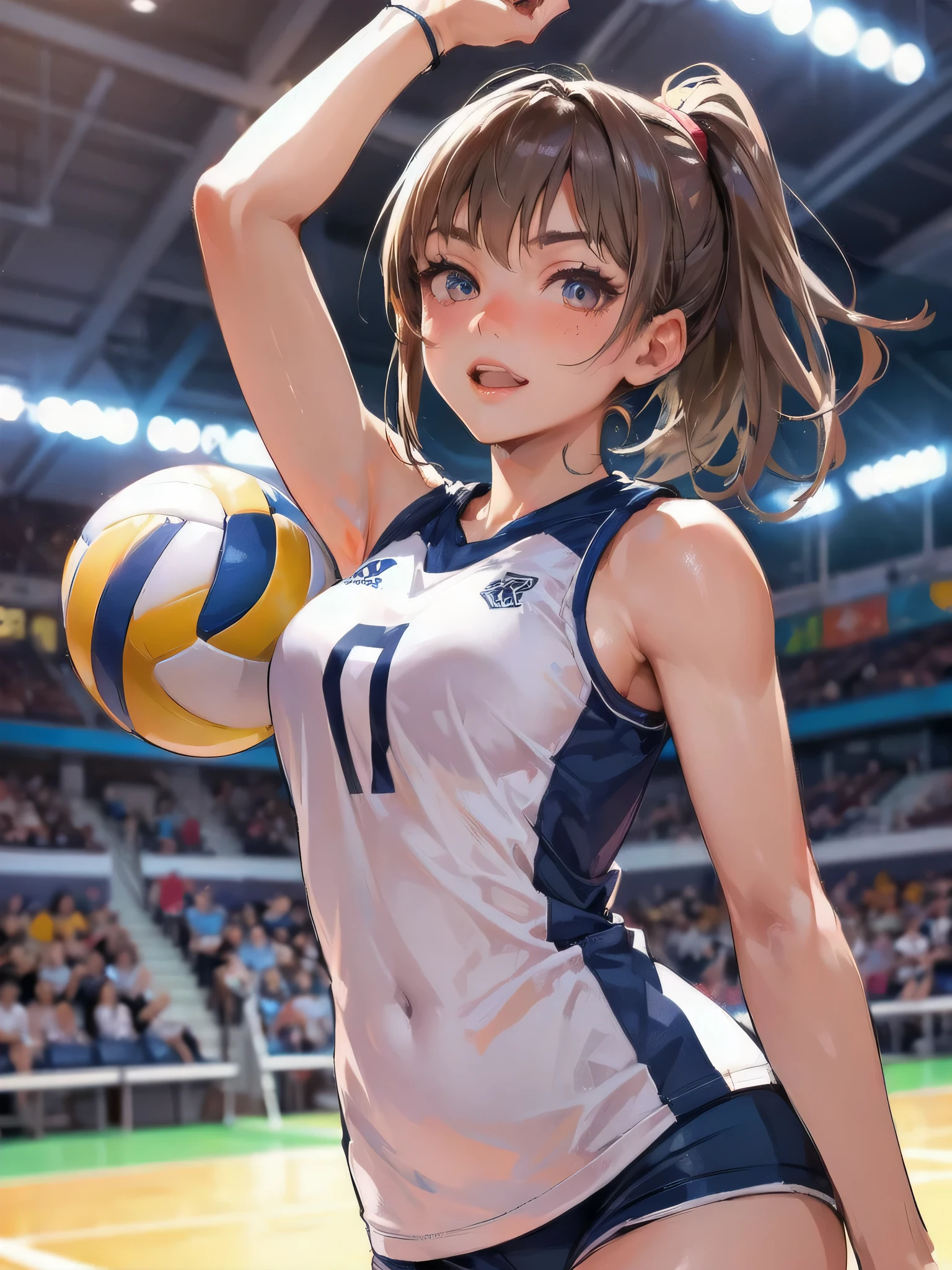 high quality,HD,16k,sharp lines,1 girl,Female volleyball athlete ,cute face, large breasts, nice legs,At the volleyball venue,focus girl,detailed beautiful face,detailed clothes,beautiful eyes,cool,dynamic angle