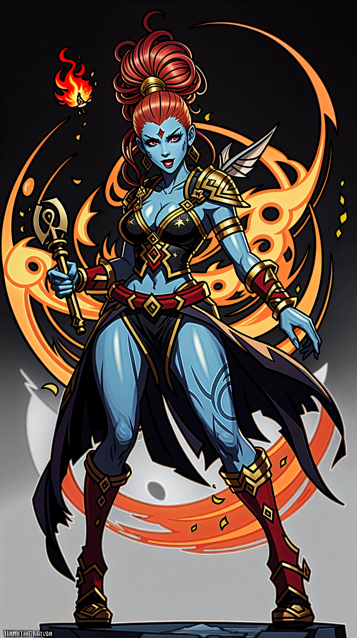 una guerrera con una espada y fuego., tiflin azul, ne zha de herir, female lightning genasi, in the artistic style of Hearthstone, magic the artistic style of the meeting, magic the artistic style of the meeting, holy girl necromancer cyborg, apsaras warrior, Hearthstone fantasy art style, Screaming Serket, Personaje de Dota