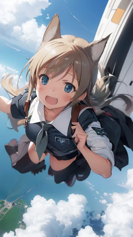 {(ultra realistic photo graphic style:1.4)}, {(1girl free_fall from 10000m above the ground:1.2), (out of focus background:1.4)}, {1girl, 18yo, beasts_ears, beasta_tail}, (strike witches:1.2)}, {(cheerful:1.4), (candid shot)}