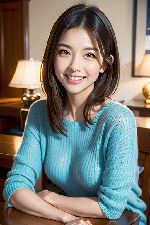 ((highest quality)), ((masterpiece)), (Familiar), Perfect Face, masterpiece、highest quality、High resolution、wallpaper、Realistic、Bright lighting、Professional Lighting、Face Light、Smooth lighting、Japanese women、20th Gen Midplate、so beautiful、Beautiful Skin、Beautiful and detailed、Familiar顔、slim、moderately、short hair、Brunette colored hair、Brown eyes、Looking at the camera、Cafe sofa、 commercial photography, Beautiful Instagram Influencer Girls, The best smile,Daytime、Knit tops