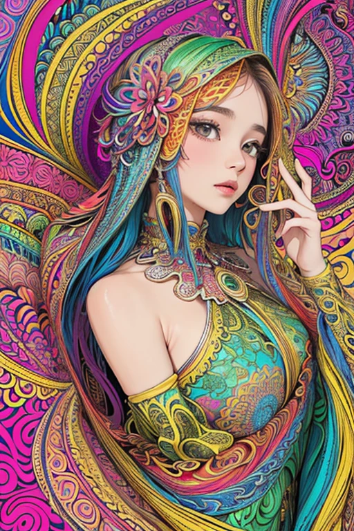 (masterpiece, top quality, best quality, official art, beautiful and aesthetic:1.2), (1girl:1.3), extremely detailed,(fractal art:1.2),colorful,highest detailed,(zentangle:1.2), (dynamic pose), (abstract background:1.5), (traditional dress:1.2), (shiny skin), (many colors:1.4), upper body