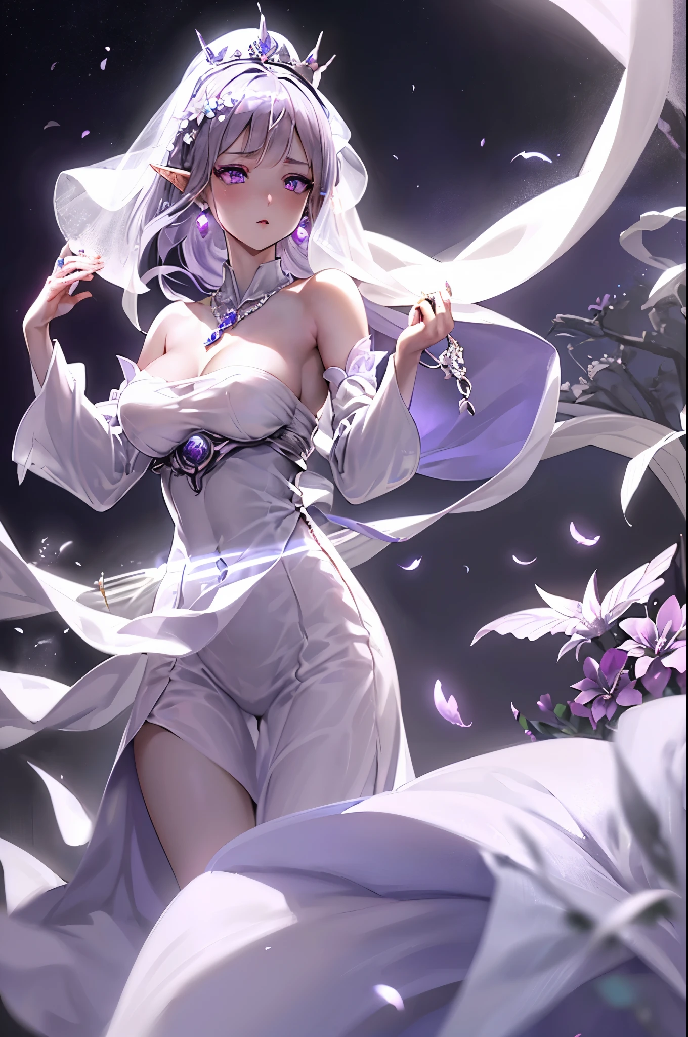 Emilia princess from Re:Zero kara Hajimeru Isekai Seikatsu, half elf, ((gorgeous white and purple elegant silk wedding dress, holding a bunch of clematis, silk accesory, veil, silver necklace, diamond ring, flower earring, belt, collar, silver crown, silk long sleeves)), grace hair style, garden background, ((perfect body shape, medium breast, empress and forzen aura, flower and feather flying effect, clean detailed skin, silver and light purple pupil, blush)), best quality anime 16k wallpaper quality, extreme eye and body detail, spiral energetic girl, spirit around, high resolution , masterpieces, ultra lighting, starlight, close-up, creative, radiant, scale up