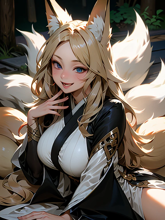 masterpiece, best quality, 1 girl, solo, large breasts,blonde hair,long hair, wave hair,Fox ear,Fox tail,blue eyes,Shinto shrine,in the forest,backlighting,laugh with open mouth,POV