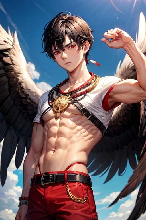 Boy with black hair, short red shirt, white shirt, black pants, eagle belt, red eyes, eagle wings on his back, brown feathers with red tips, muscular complexion, slim golden Aztec medallion 