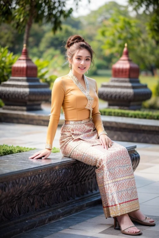 1 girl, wearing Traditional Burmese Wedding Outfits, sitting on garden in Mandalay Palace, flowers, perfect face and body, Amazing Perfect breasts, Short Hair, Orange Brown Color Hair, Amazing Perfect Portrait pose, realistic, 4k, soft skin, soft light, detailed skin texture.