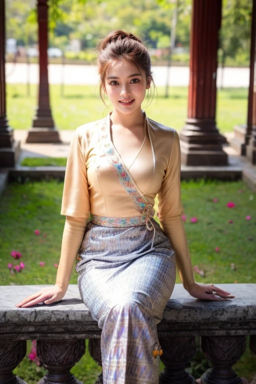 1 girl, wearing Traditional Burmese Wedding Outfits, sitting on garden in Mandalay Palace, flowers, perfect face and body, Amazing Perfect breasts, Short Hair, Orange Brown Color Hair, Amazing Perfect Portrait pose, realistic, 4k, soft skin, soft light, detailed skin texture.