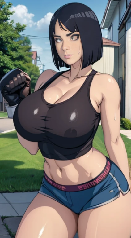 cute girl, big sized ???????, sports bra and shorts, boxing gloves, MILFs, thigh legs, angry expressions, anger face, sweating, muscular arms, shiny skin, wet body, wet hair, , cleavage, MILFs, thigh legs, short dark blue hair, hair over shoulder,  white eyes, sports bra and shorts , perfect curvy shaped body, ultra realistic squinting ???? eyes massive sized ???????, standing, thigh legs, white eyes, beautiful and perfect face, sunlight and garden background, short hair, white colour eyes