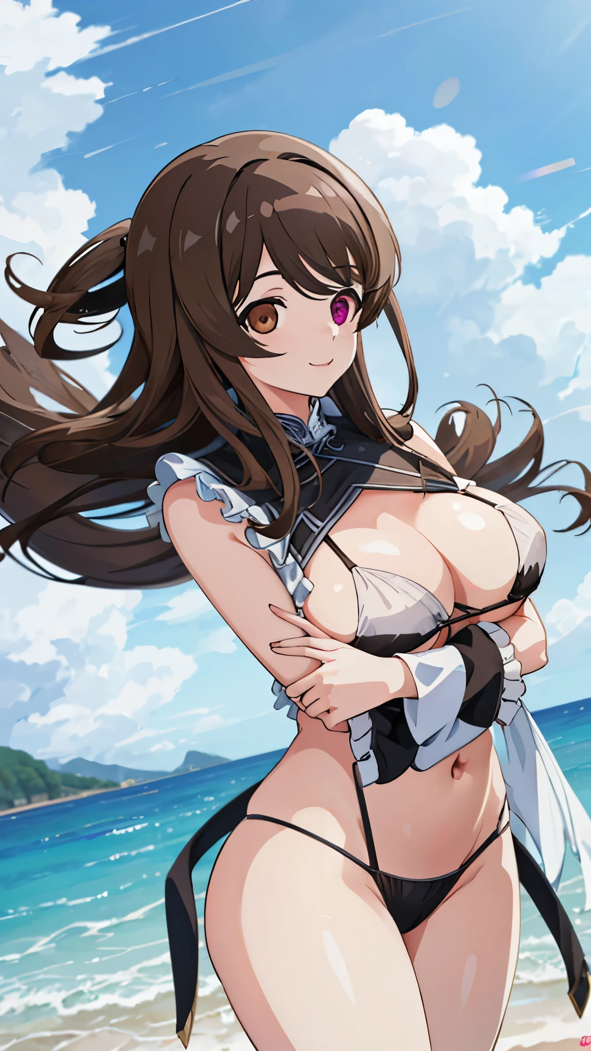 High resolution,masterpiece, highest quality, Kuo Shenlin , heterochromia , smiling , (((busty))), ,1girl, large breasts ,  sensual body,  Her cheeks flushed, vaginal secretions , Brown hair , micro bikini , beach ,