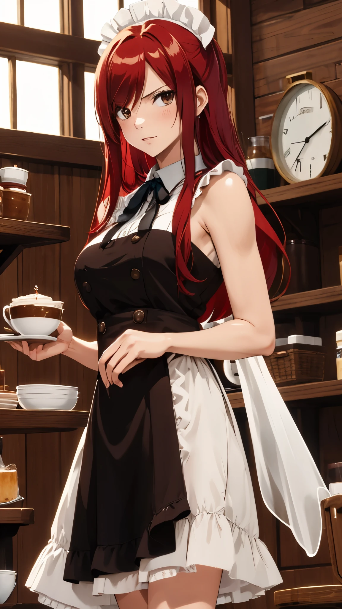masterpiece, best quality, highres, fairy tail, 1girl, long hair, red hair, brown eyes, neck ribbon, ???? shoulders, maid outfit , hair over one eye, cowboy shot, standing,indoors,cafe