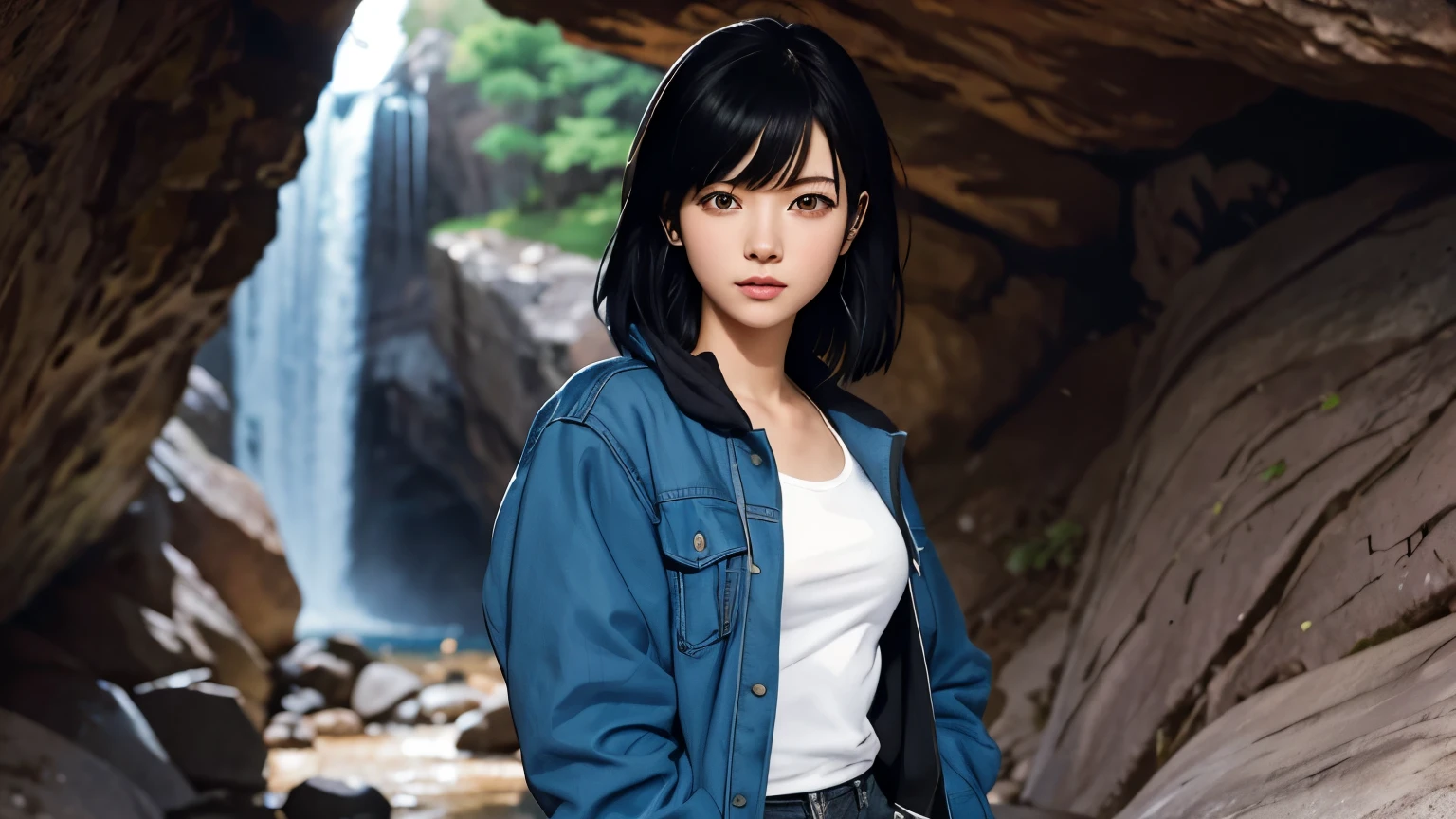 A cartoon character wearing a blue jacket standing in front of a waterfall, Painted in an anime artist's studio, Official Artwork, Digital anime illustration, Black haired girl wearing a hoodie, kate bishop, Realistic Anime 3D Style, cel - shaded art style, 80s anime art style, Official Art, Created by Anime Painter Studio, Realistic anime art style, high detailed Official Artwork