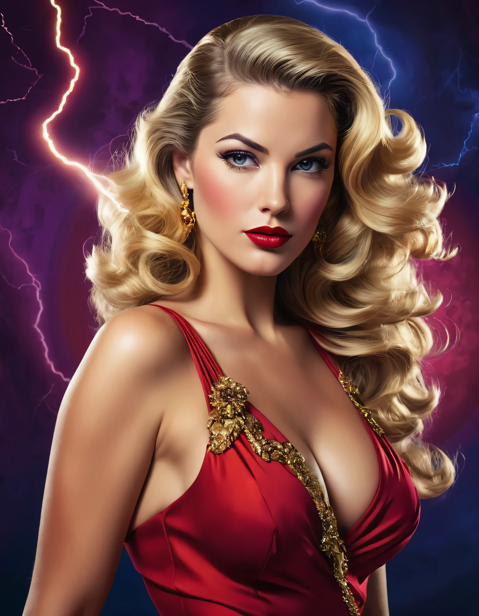 An alluring pin-up style poster featuring a confident, hyper-realistic woman with vibrant, striking colors. She wears a revealing red dress, adorned with gold accents, and holds a polished, gold pistol. Her long, wavy blond hair contrasts with her dark, sultry eyes. The background is an abstract, dreamy blend of deep purples and blues, with lightning streaks that accentuate the main subject. The overall image is crisp, sharp, and captivating, perfect for a movie or game promotion.