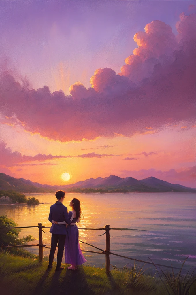highest quality、Landscape painting、Beautiful sunset、Sunset、Lilac sky、dim、sentimental