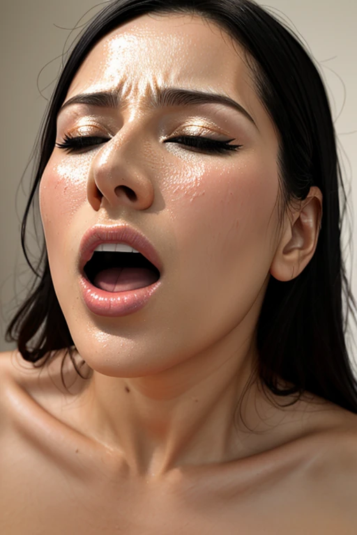 Tabletop,Award-winning photo, Very detailed, Edge Orgasm, Woman with open mouth and closed eyes , Skin shiny with sweat、Lighting that highlights shiny sweat{{{Spread the word }}}, Black-haired、Browsing Caution,{{{{Crowd of male spectators}}}},(Long, narrow nostrils)、