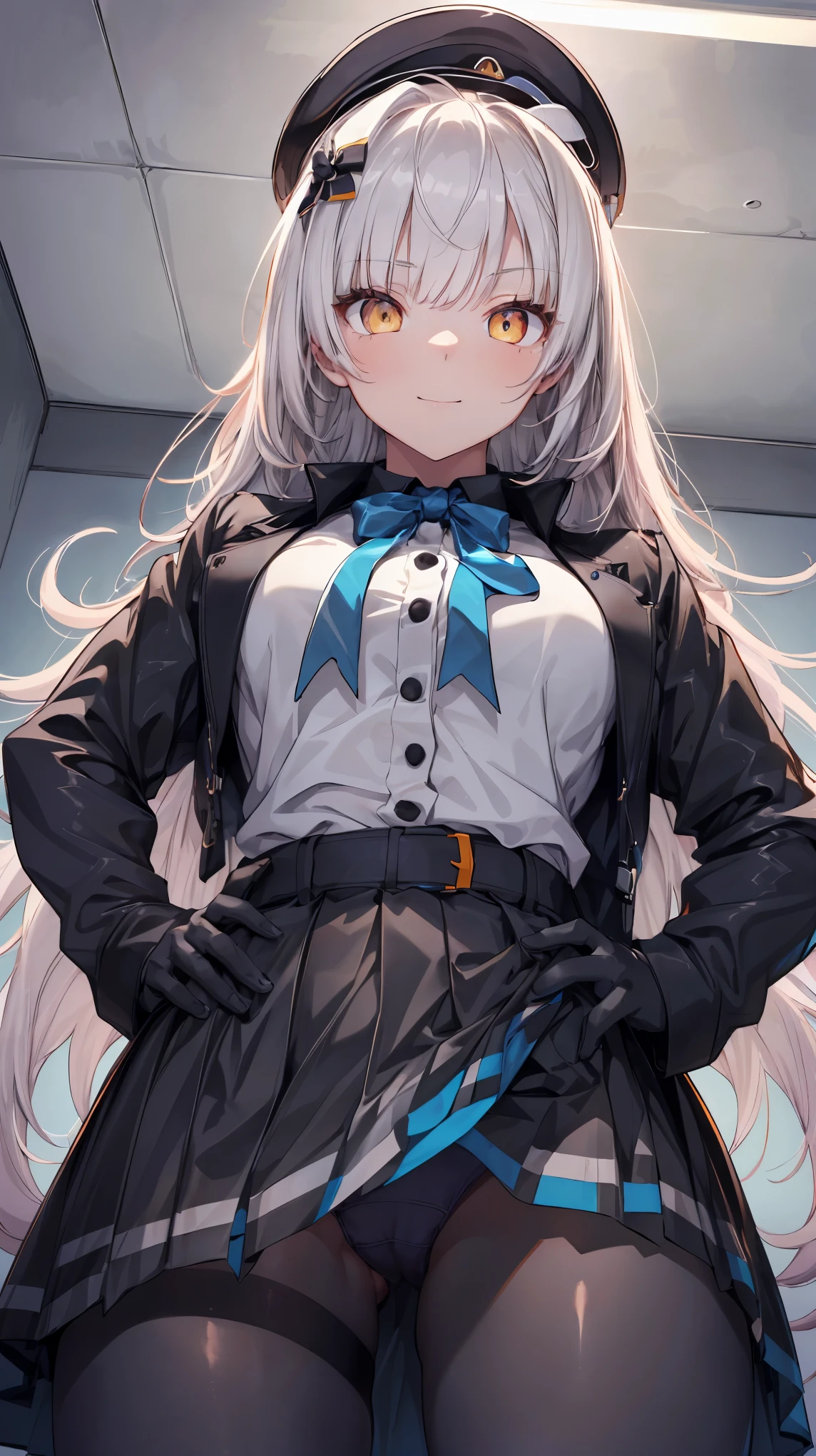 1girl,soline \(nikke\),yellow eyes,silver hair,long hair,hat,black jacket,white shirt,blue neck ribbon,black skirt,black pantyhose,(panties under pantyhose) ,(upper body:1.2),looking at another,Hands on Hips,seductive smile,dynamic angle,(from below:1.5),(ceiling:1.5), (crotch  close-up:1.3),(panty shot),masterpiece,Noise Reduction,perfect anatomy,high resolution, ultra-detailed,game cg,dutch angle ,beautiful detailed eyes,visualart,five fingers, perfect hands, perfect lighting,