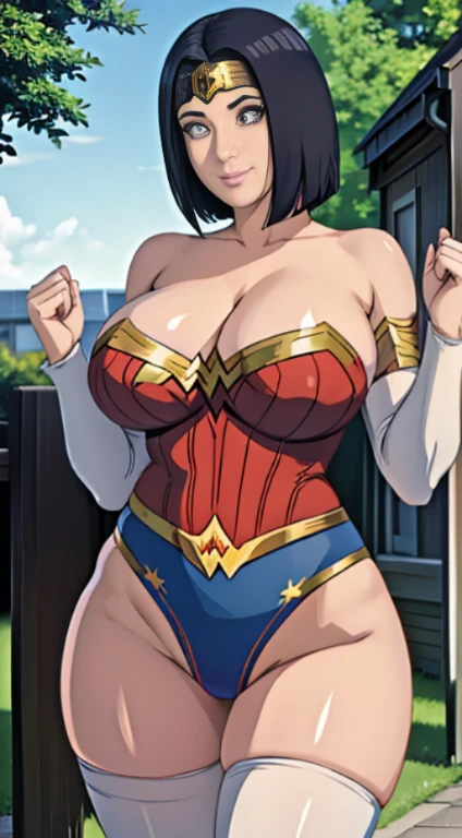 Extremely cute girl, big sized breasts, smiling, wonder woman costume, happy girl, cute smile, hands up, cleavage, MILFs, thigh legs, short dark blue hair, hair over shoulder,  white eyes, wonder woman costume, perfect curvy shaped body, ultra realistic squinting sexy eyes massive sized breasts, standing, thigh legs, white eyes, beautiful and perfect face, sunlight and garden background, short hair, white colour eyes