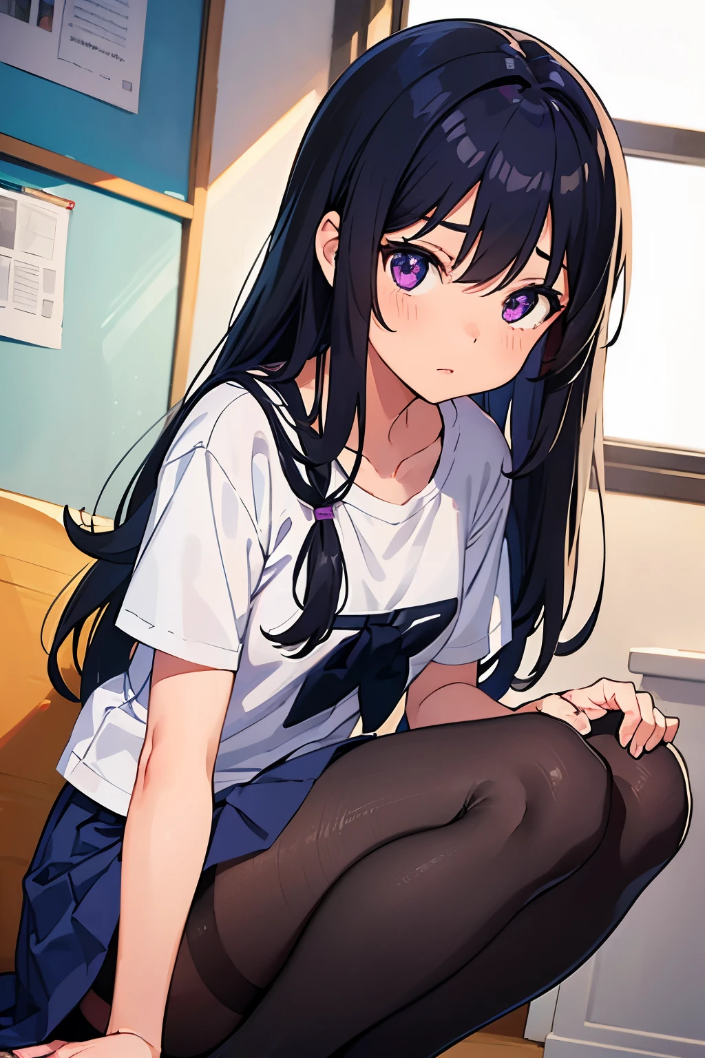 Girl&#39;s Room　8--old　l　Flat Chest　Black Hair　Long Hair　Purple Eyes　1 person　White T-shirt on upper body　navy blue mini skirt　　Wearing black pantyhose　（（White panties are visible））　Crouching　Dynamic Angle　Low - Angle