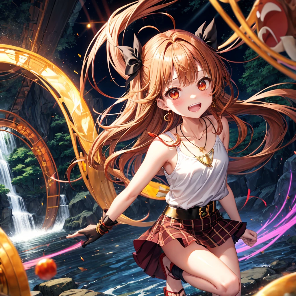 Brown, red, gold, golden hair、Red eyes、One good looking girl、solo、anime、Checkered mini skirt、Black camisole、Black T-shirt、hoodie、Wearing a ribbon、Ribbon on waist、Crystal Earrings、Gemstone Necklace、Light and shadow、Tilting face、Teeth are visible、waterfall、Kuroko、tunnel、pylon、Sunset sky、Towering、frilled lizard、light