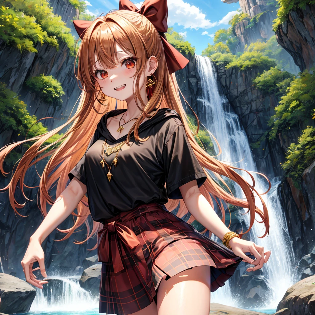 Brown, red, gold, golden hair、Red eyes、One good looking girl、solo、anime、Checkered mini skirt、Black camisole、Black T-shirt、hoodie、Wearing a ribbon、Ribbon on waist、Crystal Earrings、Gemstone Necklace、Light and shadow、Tilting face、Teeth are visible、waterfall、Kuroko、tunnel、pylon、Sunset sky、Towering、frilled lizard、light