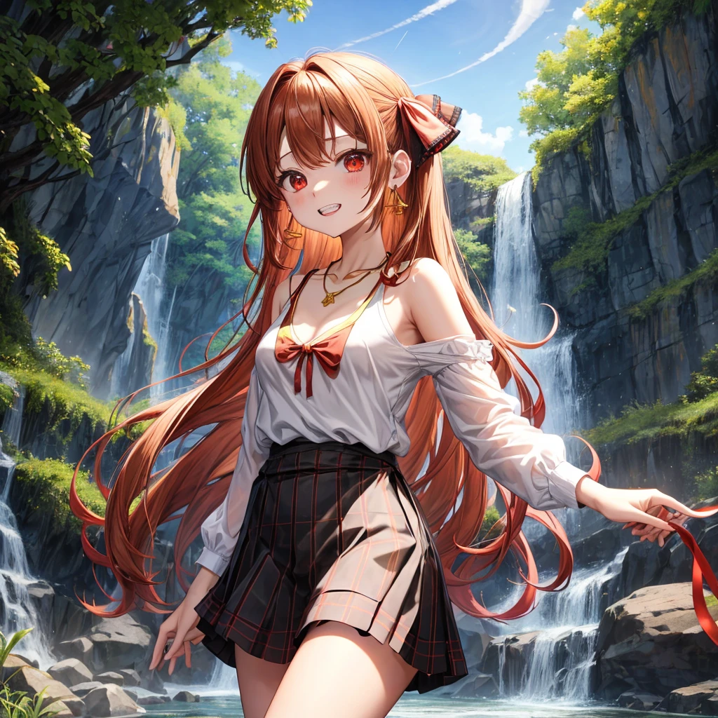 Brown, red, gold, golden hair、Red eyes、One good looking girl、solo、anime、Checkered mini skirt、Black camisole、Black T-shirt、hoodie、Wearing a ribbon、Ribbon on waist、Crystal Earrings、Gemstone Necklace、Light and shadow、Tilting face、Teeth are visible、waterfall、Kuroko、tunnel、pylon、Sunset sky、Towering、frilled lizard、light