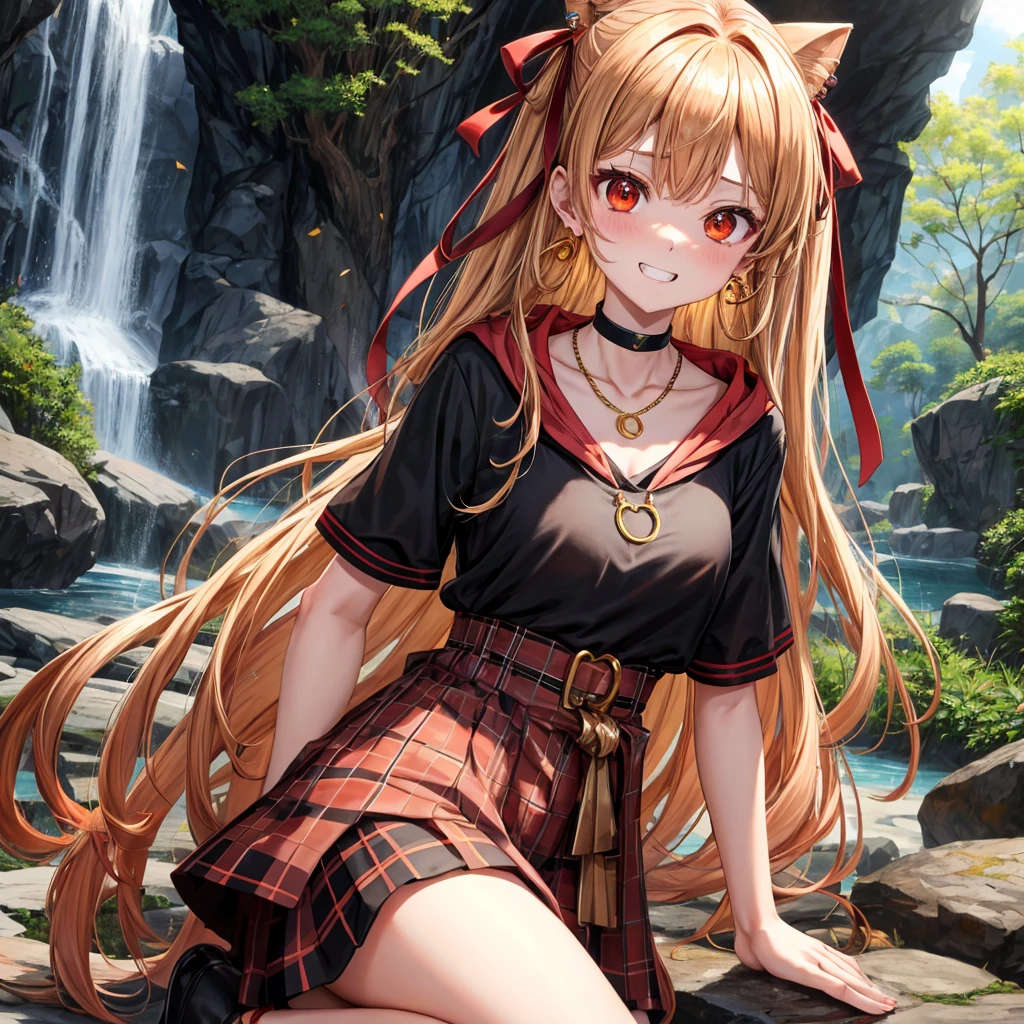 Brown, red, gold, golden hair、Red eyes、One good looking girl、solo、anime、Checkered mini skirt、Black camisole、Black T-shirt、hoodie、Wearing a ribbon、Ribbon on waist、Crystal Earrings、Gemstone Necklace、Light and shadow、Tilting face、Teeth are visible、waterfall、Kuroko、tunnel、pylon、Sunset sky、Towering、frilled lizard、light