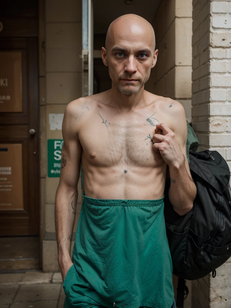 Full body photography. bald man homeless homeless and drug addict beggar young white man 25 years old green eyes looks in front of the camera with very sad expression and a tear and with dimples. He is extremely thin, malnutrido, huesos. Se encuentra de pie en la calle de Barcelona