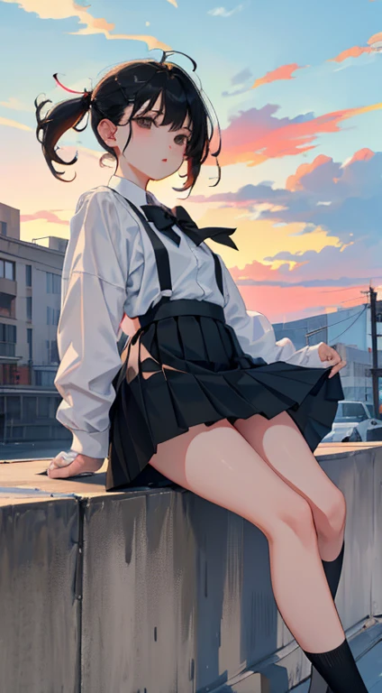 ，(child)，（masterpiece，highest quality），black pleated mini skirt，Black-haired，The wind is blowing，squirt、(Panties are visible、The wind blows up my skirt)