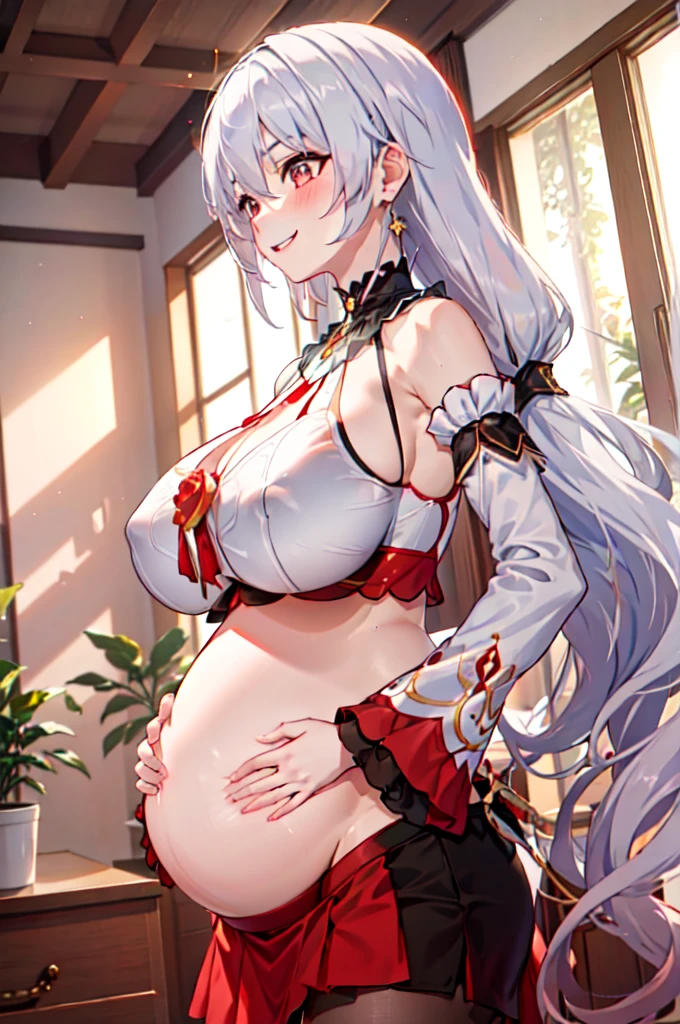 1 Girl, Teresa's Revelation, skirt, Looking at the audience, Smile, Separate sleeves, Hair accessories, Headband, Separate collar, Shy, blush, Upper Body, cleveage, Dentate skin, Breasts squeezed together, Vertical arm, indoors, Depth of Field, (Pregnant woman with big belly,Huge breasts:1.8)