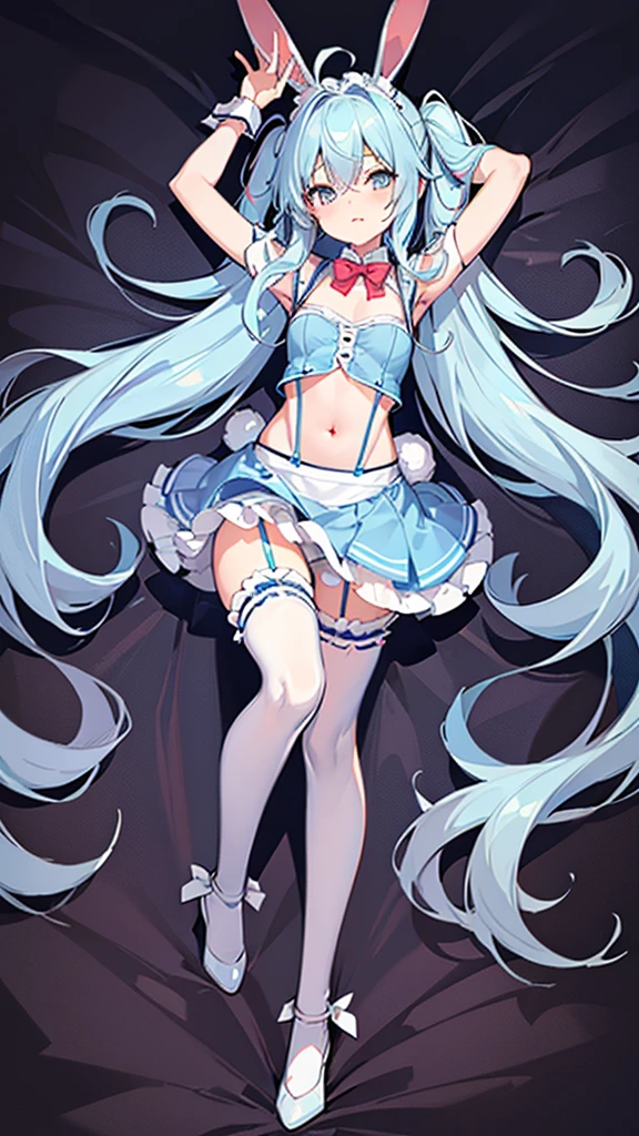 dakimakura style,hyper cutest shota,
light blue hair,loose long hair,rabbit shotas,(Reliable blue suspenders for hanging frilly miniskirts),(bare navel and stomach),School festival, bunny ear waitress,full body,