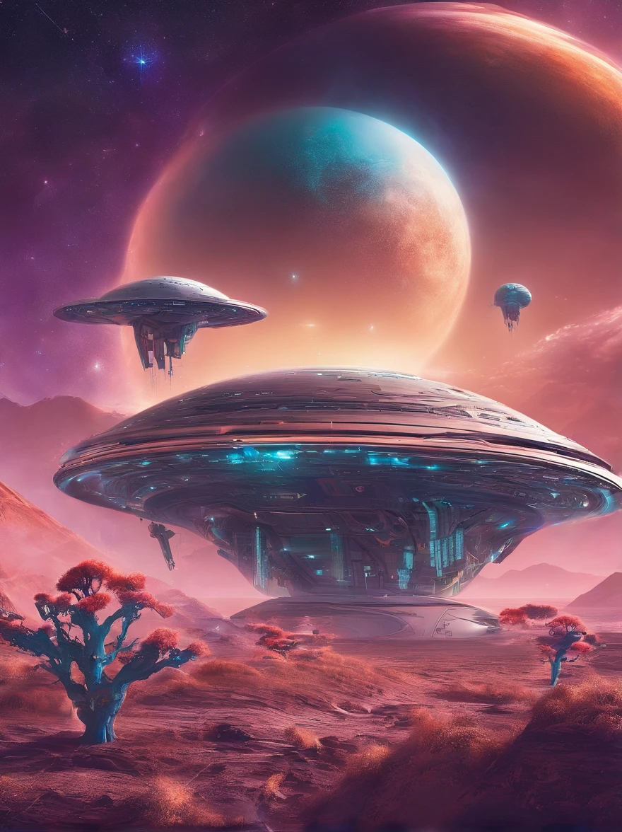 Planet, Weltraum, flliegende Alienwaale, Pflanzen mit Riesenwuchs