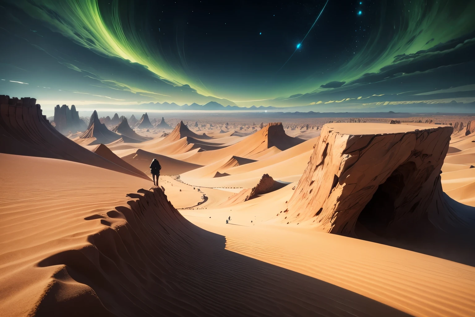 Anime, background, desert, black green dark sky