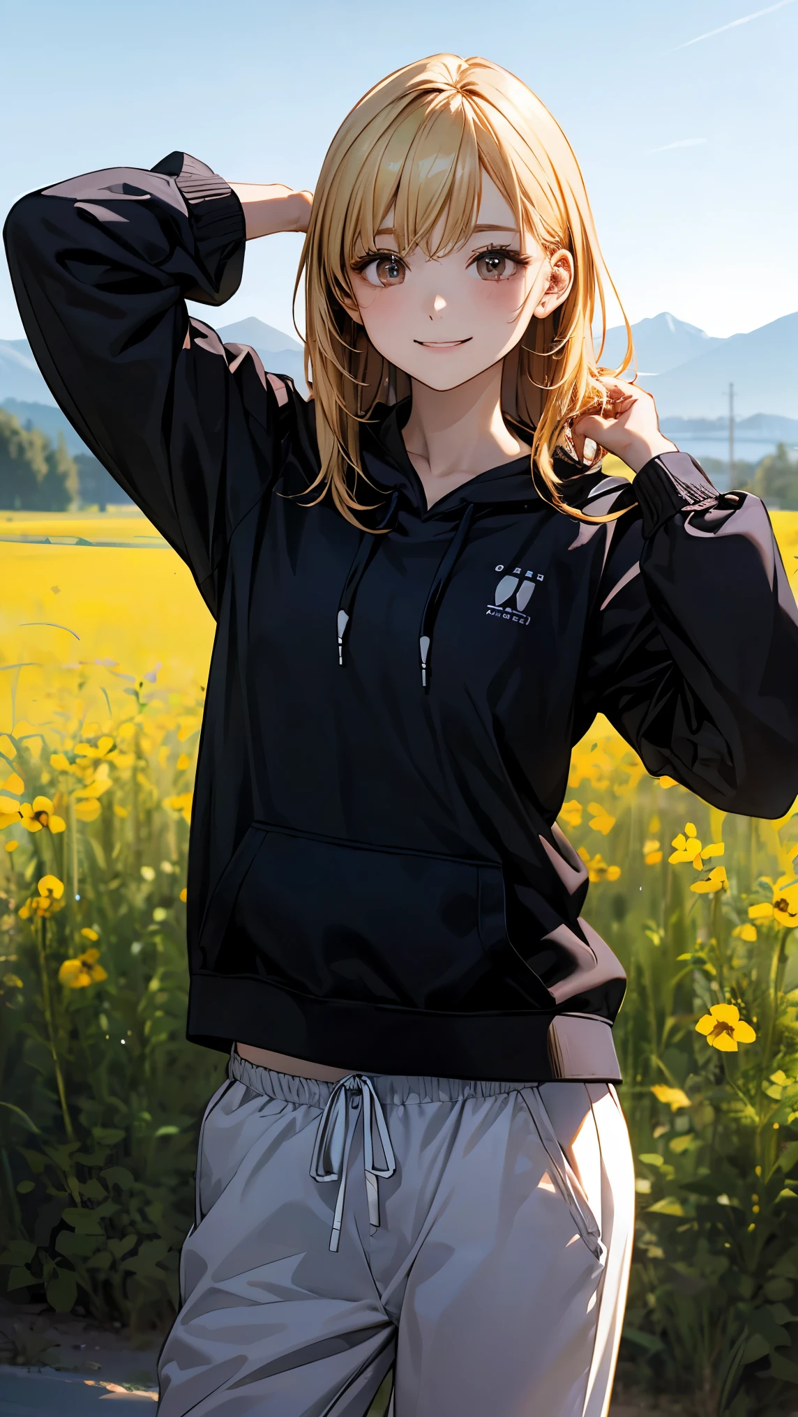 This strange sight、The Beginning、A masterpiece rendered in ultra-high resolution 8K..。This scene is full of photorealism and HDR brilliance...、Cinematic lighting enhances beautiful female portraits。She exudes adult charm...、Stand in contrapposto pose、He has one hand on his head and is looking at the viewer.。Behind her is a meadow、Her medium-length blonde hair is blowing in the wind.。She has a bright smile、Wearing a hoodie and jogger pants。
